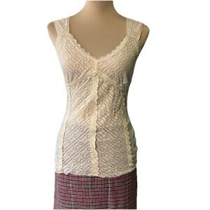 Vintage Ivory Sheer Lace Babydoll Top Large Coquette Glam Fairy Y2K 90s Whimsy